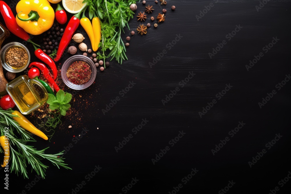Food background. Top view of olive oil, paprika, herbs and spices on rustic black slate.