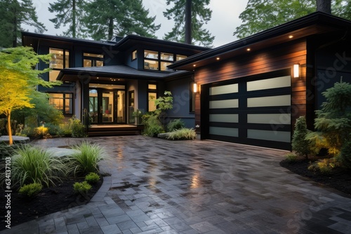 Garage door with a driveway in front.