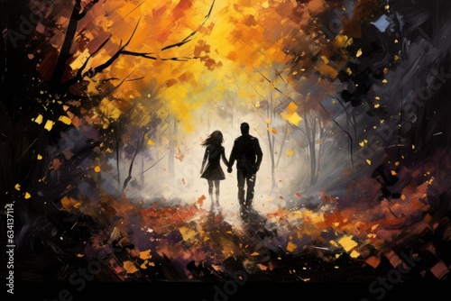 Young couple walking in autumn park, illustration © kardaska