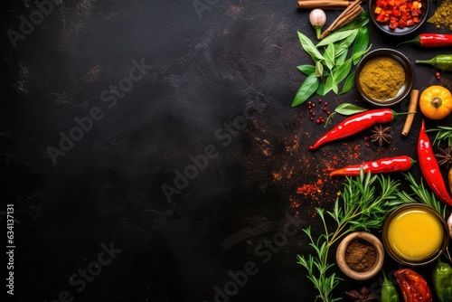 Food background. Top view of olive oil, paprika, herbs and spices on rustic black slate.