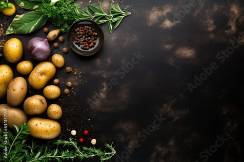Food background. Top view of potatoes, herbs and spices on rustic black slate.