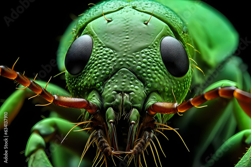 Extreme closeup of green beetle on black background. 3d rendering. photo