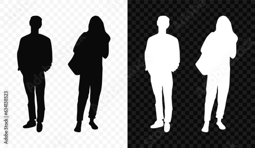 Man and woman standing in casual clothes black and white silhouette on transparent background
