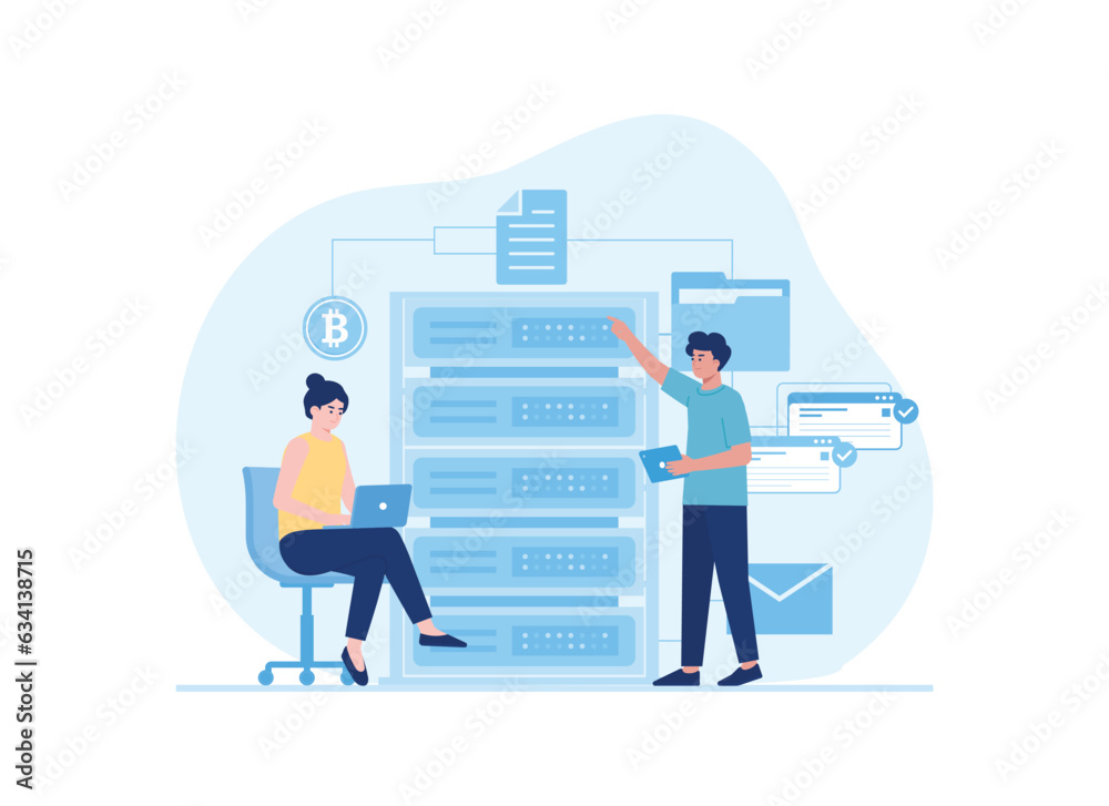 Bitcoin data and document storage concept flat illustration