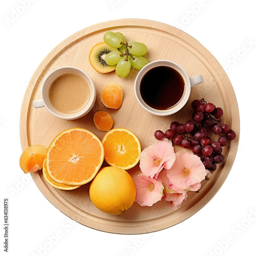 Top view of a round wooden board with two cups containing a variety of fruits isolated