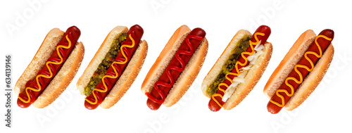 Photography Assortment of unique hot dogs with a variety of toppings in sesame seed buns