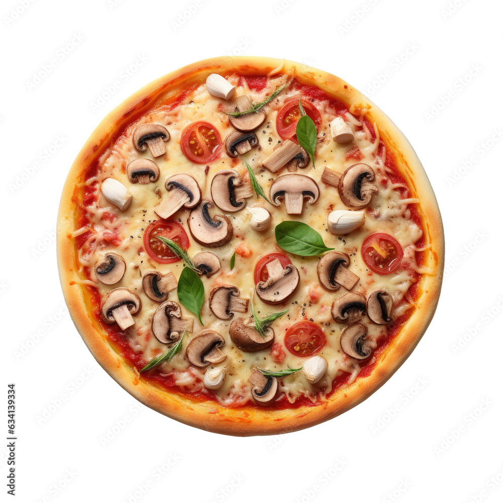 Tasty pizza topped with meat cheese and mushrooms