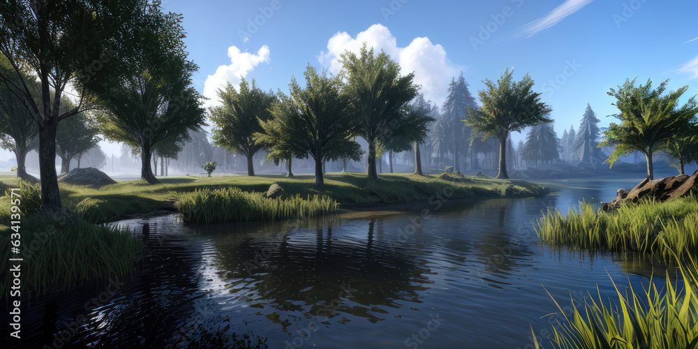 Photorealistic 3D Environment Scenic Natural Pond With Rays Of Light Misty Morning