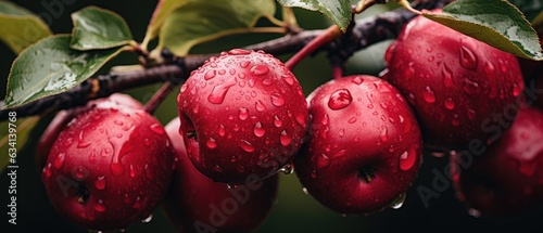 Nature's Jewels: Glistening Droplets Adorn Red Delicious Apples on Tree