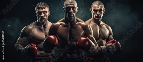Three boxers competing in a sport concept on a dark background with available space for text