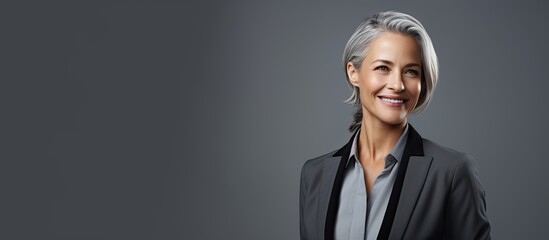 High quality photo of a mature businesswoman in a suit smiling and looking at empty space on a gray background