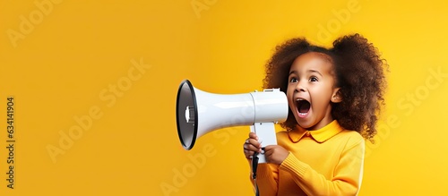 African American girl shouting sharing news with copy space on yellow studio background