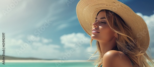 Happy woman chilling at tropical beach during summer holiday Portrait of tan girl at sea with room for text Young woman smiling and gazing into the dis