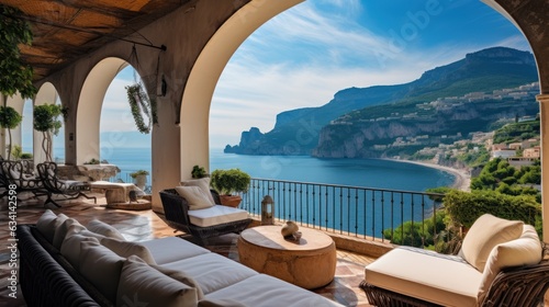 Majestic villa situated along the captivating Amalfi Coast of Italy  granting breathtaking views of the shimmering Mediterranean Sea and the intricate terraced cliffs