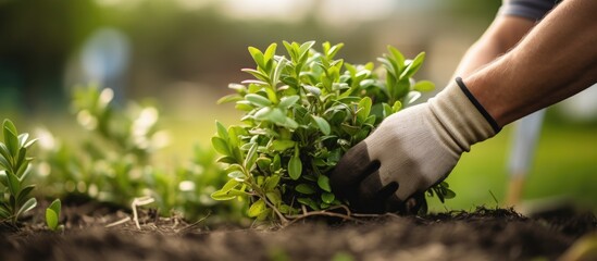 Acrylglasbilder Orange Professional landscaper trimming shrub with garden scissors Background blurred Copy space available  © HN Works