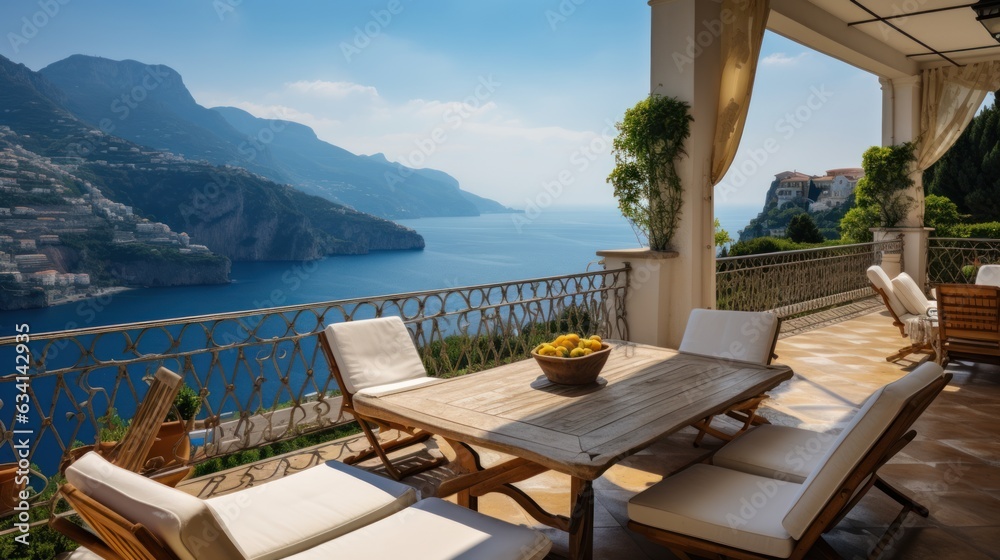 Majestic villa situated along the captivating Amalfi Coast of Italy, granting breathtaking views of the shimmering Mediterranean Sea and the intricate terraced cliffs