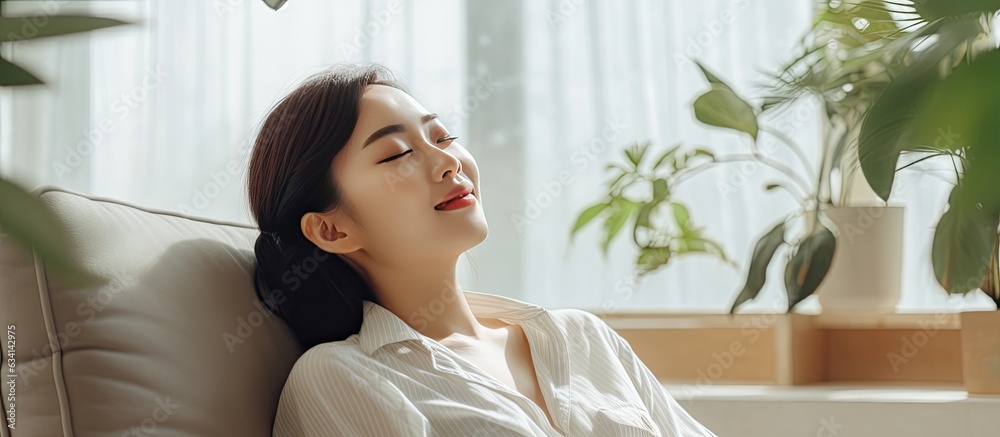 Asian girl relaxing on sofa at home enjoying fresh air Asian girl relaxing on sofa at home enjoying fresh air