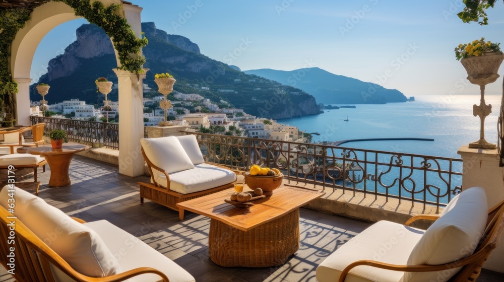 Fototapeta premium Majestic villa situated along the captivating Amalfi Coast of Italy, granting breathtaking views of the shimmering Mediterranean Sea and the intricate terraced cliffs