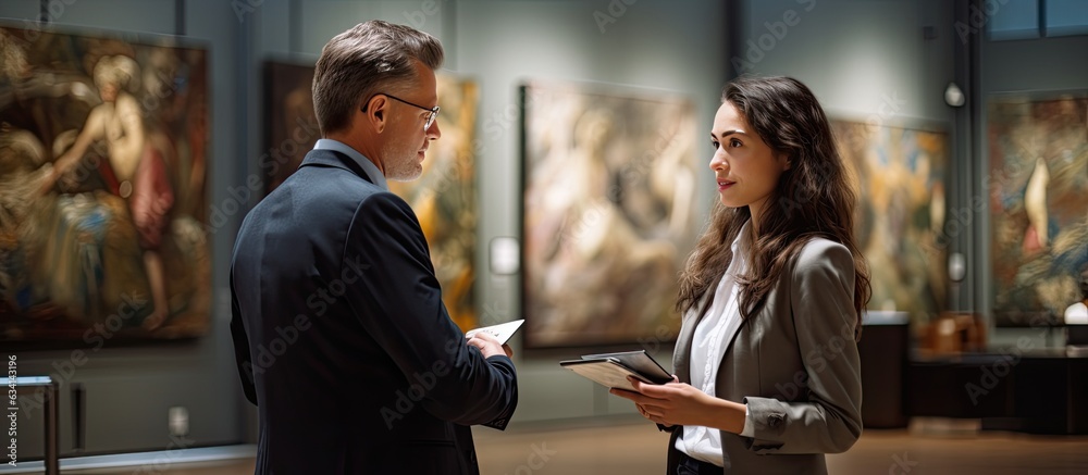 Art gallery manager consulting female expert during museum exhibition - obrazy, fototapety, plakaty 