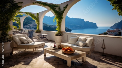 Majestic villa situated along the captivating Amalfi Coast of Italy, granting breathtaking views of the shimmering Mediterranean Sea and the intricate terraced cliffs © Damian Sobczyk