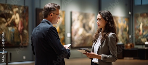 Art gallery manager consulting female expert during museum exhibition