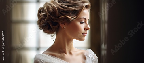 A youthful bride with a sophisticated bridal hairdo indoors by a window