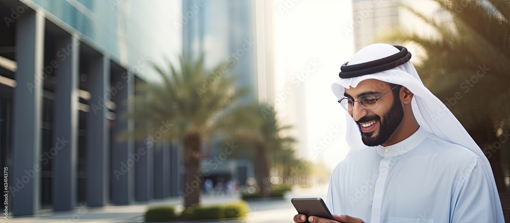 © HN Works - Arab entrepreneur taking a break outdoors checking emails on phone and laptop