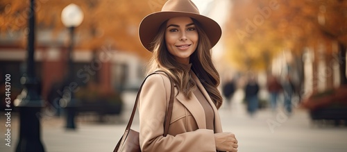 Fashion portrait of a happy woman in trendy autumn attire posing in a city street