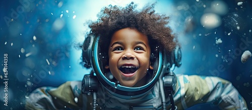 Fotografiet Happy little black boy with a homemade rocket playing astronaut with white handm