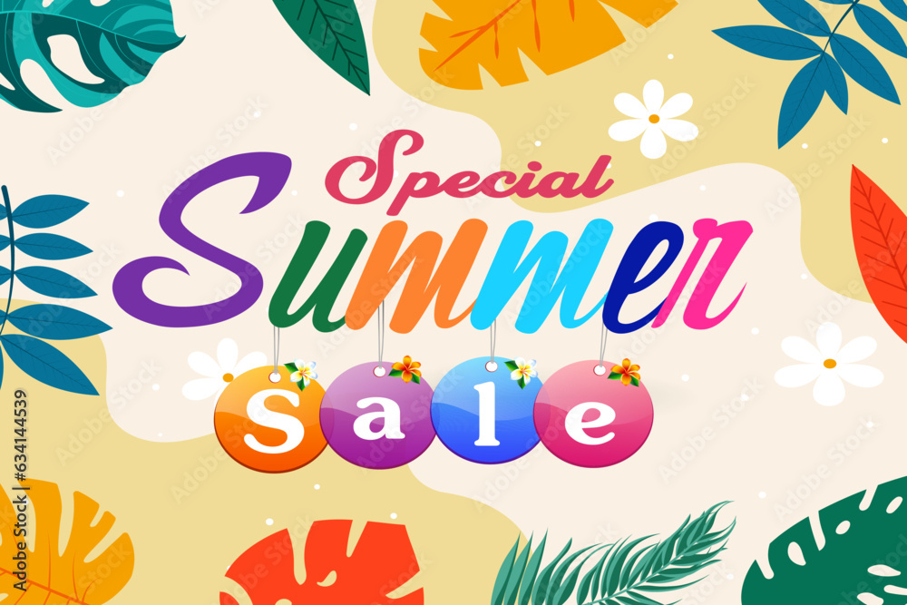 Realistic Summer sale banner and poster design with tropical leaves background Vector. big and super sale summer background design. Realistic Summer sale banner and poster design with tropical leaves background Vector. big and super sale summer background design.
