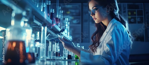 Woman scientist conducting experiment in a lab with chemicals and equipment analyzing medical innovation in biochemistry Copy space