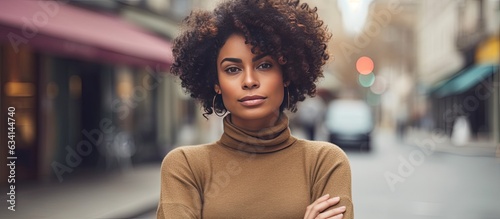 Thoughtful African American woman with crossed arms standing outside looking confident and chic with blurred background and copy space © HN Works