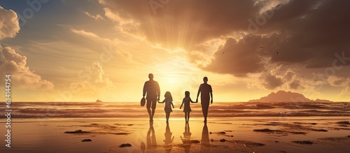 Asian family enjoying a joyful beach walk in front of a sea and cloud filled sky