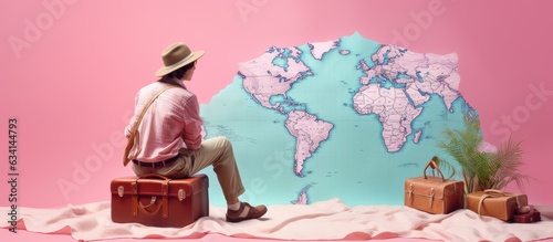 Dreaming traveler with map pink background copy space