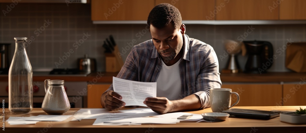 Black middle aged man frustrated over financial crisis managing expenses with laptop and calculator in kitchen Black middle aged man frustrated over financial crisis managing expenses with laptop and calculator in kitchen