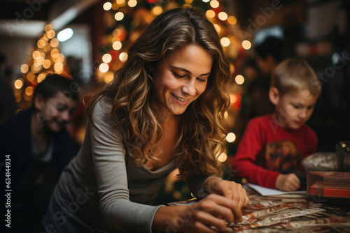 A young family unpacks presents for Christmas