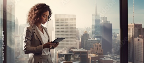 Office worker using tablet and coffee by city window