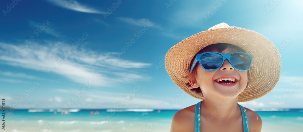 Smiling boy in blue shades and hat enjoys summer vacation by the seaside