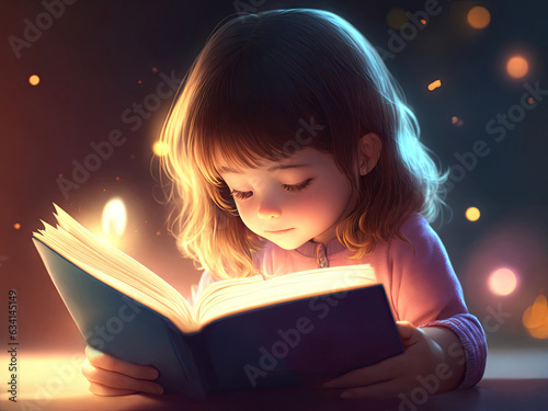 illustration A little girl reading a book. ai generative