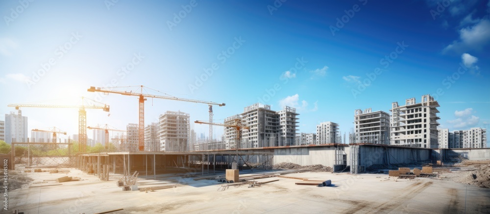 Construction site with unfinished residential buildings and copy space captured using a wide angle lens under a blue sky