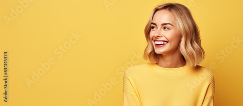 Fotografija Blonde woman with white teeth happy expression and dressed casual poses for prom