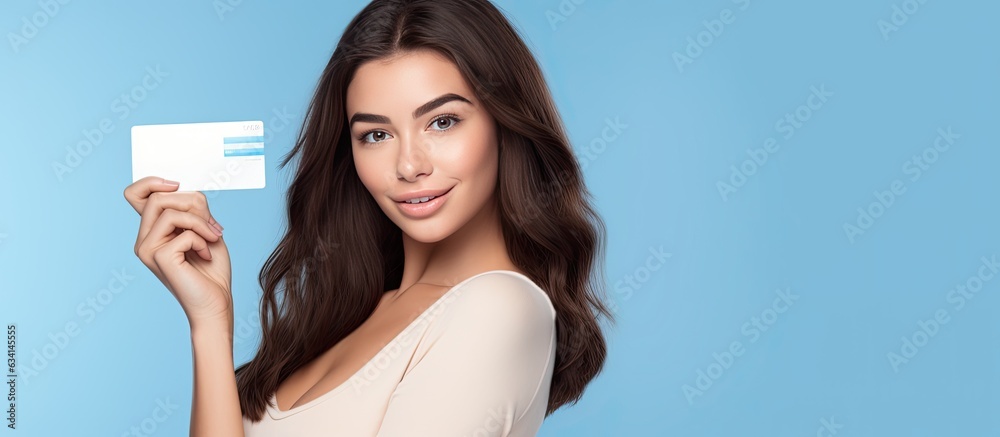 Fototapeta premium Beautiful young woman holding blank gift card on blue background