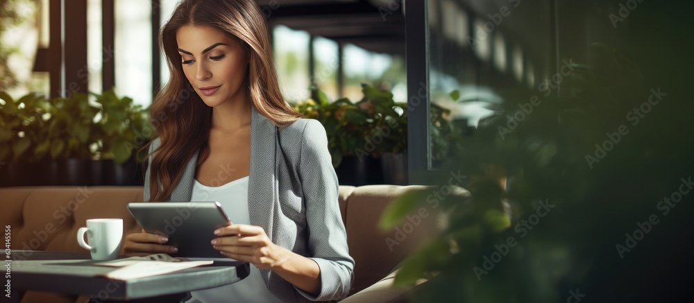 Beautiful woman reading news online in cafe Beautiful woman reading news online in cafe
