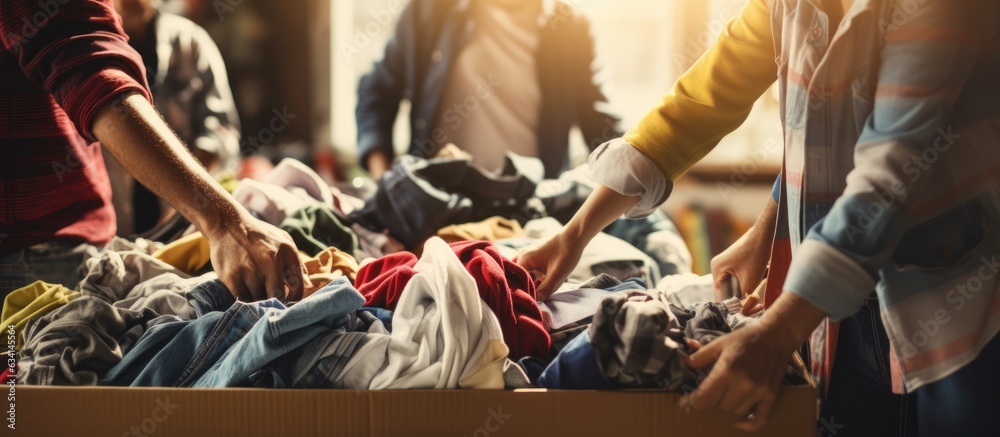 Middle aged man organizing clothes in diverse charitable foundation