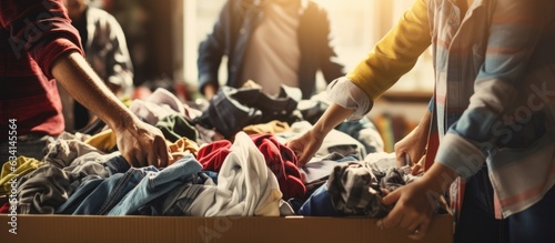 Photographie Middle aged man organizing clothes in diverse charitable foundation