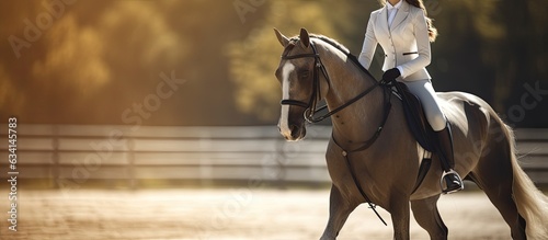 Teenage girl participating in advanced dressage test on horseback