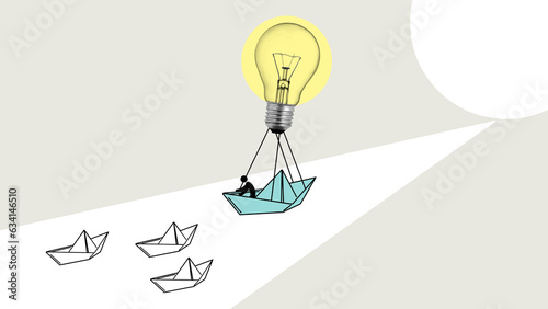 Business advantage concept and game changer symbol as an a crowd of paper boats and one boat rises above the rest with a balloon looking like lightbulb
