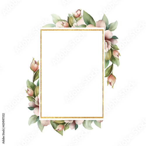 Golden rectangle frame with green leaves. Floral Wedding card decor