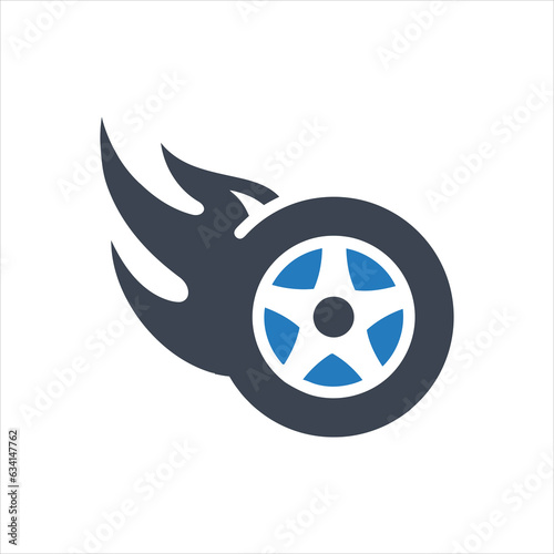 Car wheel and tire with flames icon