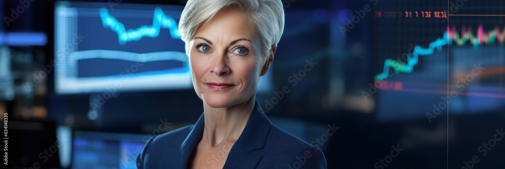 Fototapeta premium Portrait of mature businesswoman looking at camera, stocks and shares in the background